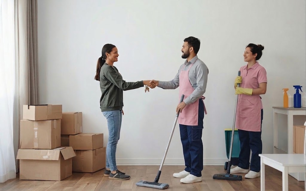 Residential move-in cleaning with packing boxes and a key handover